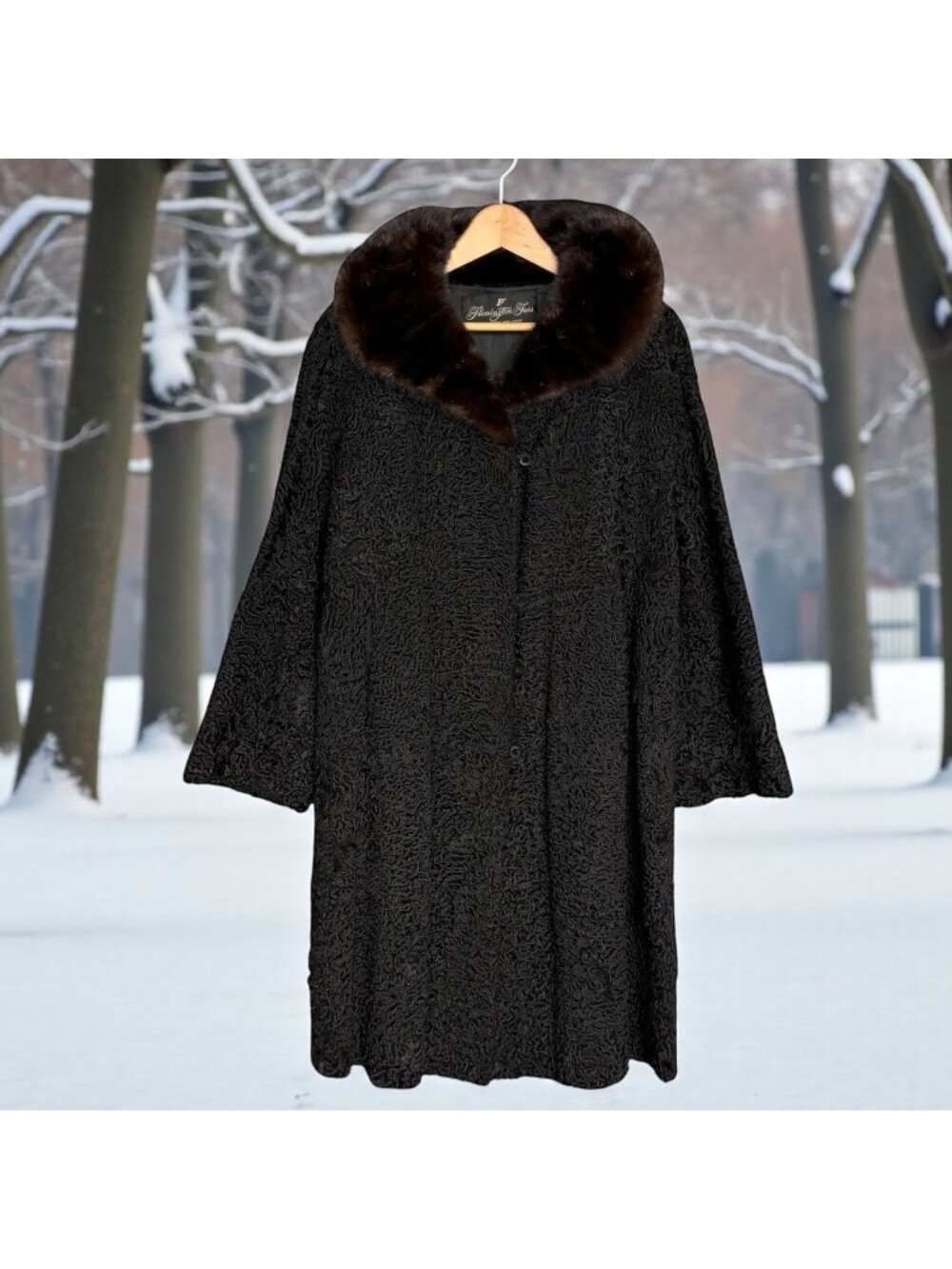 Women’s Black Persian Lamb Coat w Brown Mink Collar Flemington Furs Medium
